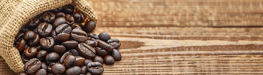 Naklejka premium Organic coffee beans in a burlap sack on a wooden table, emphasizing natural and earthy tones