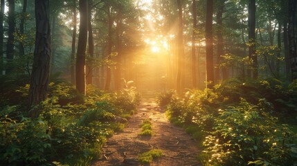 Fototapeta premium Soft sunlight filters through trees along a winding forest path during early morning hours
