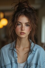 Thoughtful woman with messy bun in a relaxed indoor setting