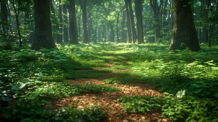 Obraz premium Lush green forest path with sunlight filtering through trees on a serene day