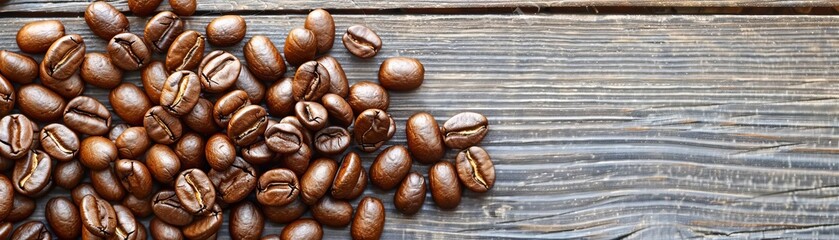 A close-up of organic coffee beans scattered on a rustic wooden table, showcasing texture and detail