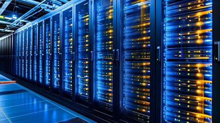 A Row of Illuminated Data Server Racks in a Server Room