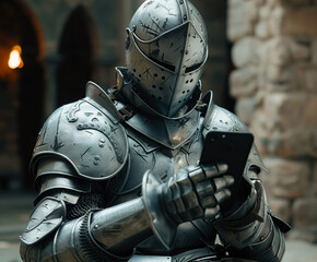 Medieval knight using smartphone in ancient castle setting