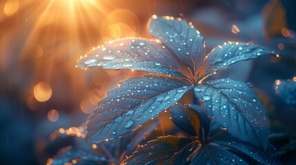 Dew-covered leaves glistening in golden sunlight during early morning in a tranquil garden