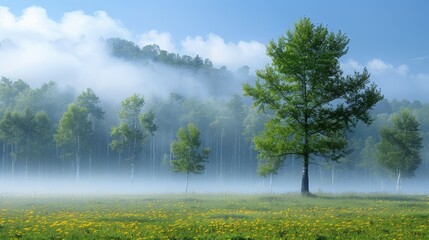 Mist settles over a serene meadow filled with wildflowers at dawn in a tranquil forest