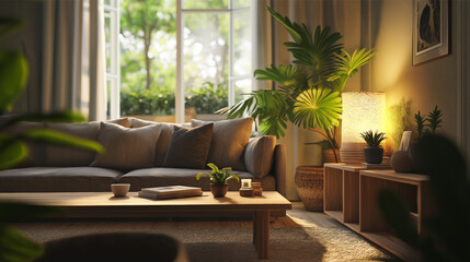 Photorealistic Cozy Living Room Featuring Warm Lighting and Natural Materials