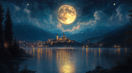 Enchanting Nighttime Castle Reflection with Full Moon Over Serene River and Majestic Mountains