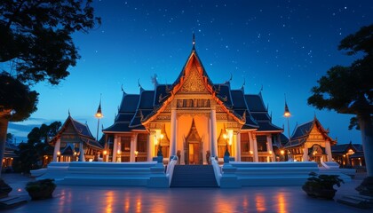 Illustration of a temple with a calm night atmosphere and decorated with bright lights