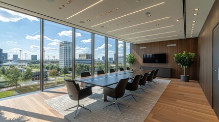 Fototapeta premium Modern conference room with large windows overlooking a cityscape during the day