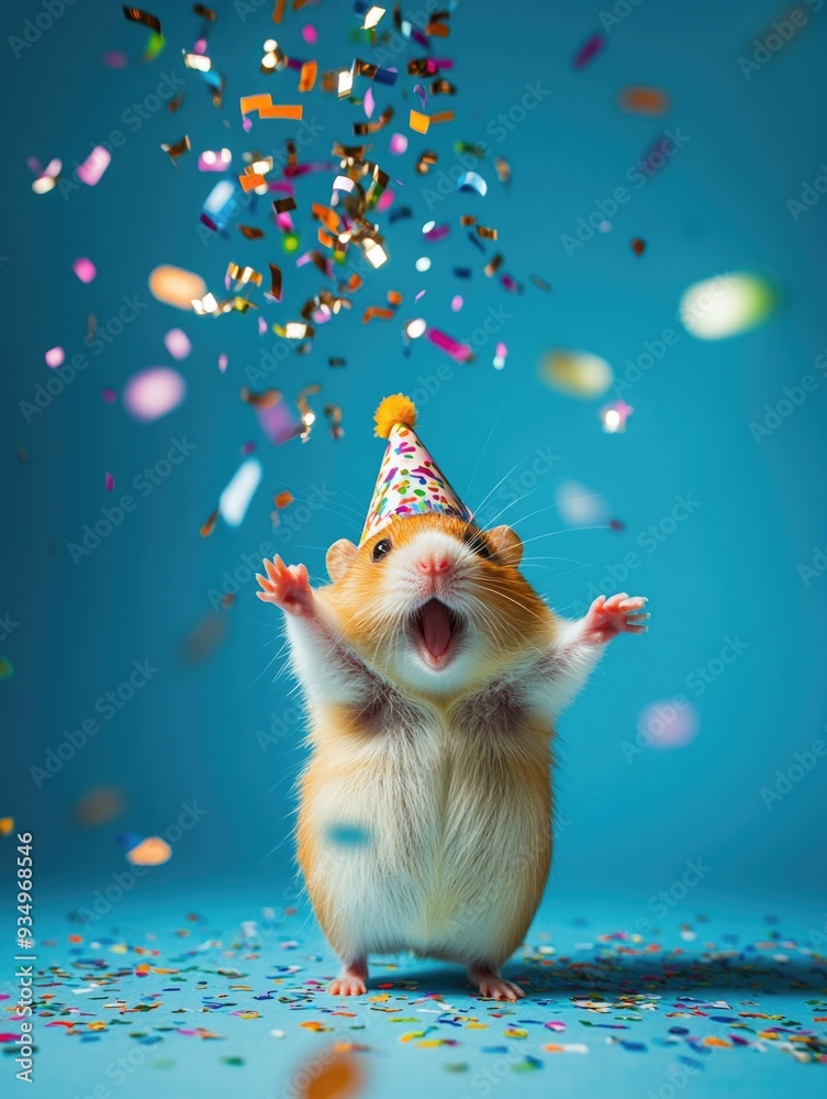 Wall mural hamster with party hat and confetti