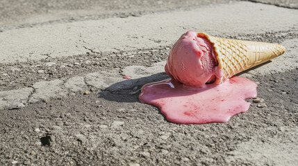 Melted And Drop Pink Strawberry Ice Cream Cone at asphalt
