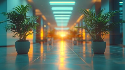 Fototapeta premium Bright sunset light illuminates a hallway lined with potted plants in a modern building