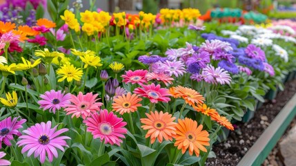 Fototapeta premium Multi-colored flower bed with an array of vibrant blossoms, captivating and cheerful, flower bed, vibrant display