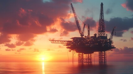 Obraz premium An expansive view of an offshore oil rig at sunset, with cranes and drilling equipment silhouetted against the sky, capturing the scale and complexity of the oil and gas industry 