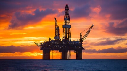 An expansive view of an offshore oil rig at sunset, with cranes and drilling equipment silhouetted against the sky, capturing the scale and complexity of the oil and gas industry 