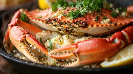 Close-up of a cooked crab with parsley and garlic in a black pan.