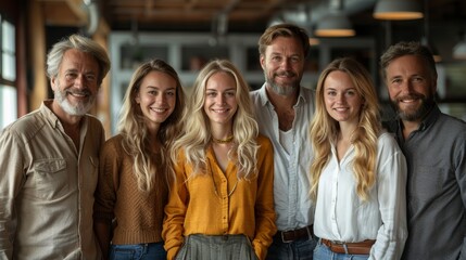 Fototapeta premium Group of six friends smiling warmly together in a cozy cafe during late afternoon
