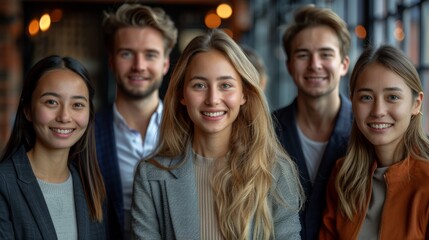 Fototapeta premium A diverse group of young professionals smiling together in a modern urban setting during the evening