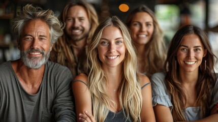 Fototapeta premium Happy group of five friends smiling together at a café during the afternoon