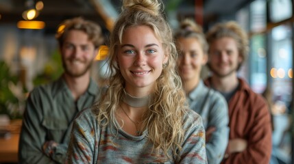 Obraz premium Group of friends smiling together in a modern café during the afternoon