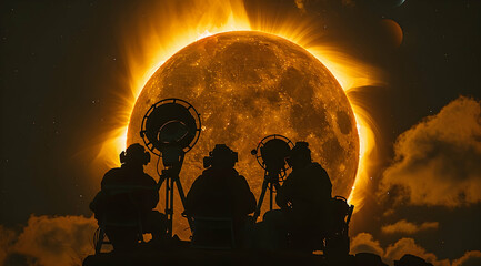 Silhouettes of Astronomers Observing a Solar Eclipse Illustration