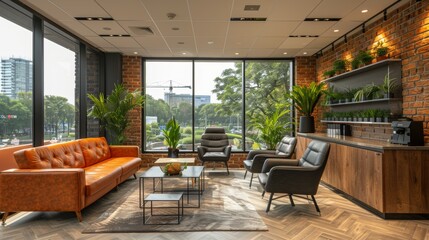 Fototapeta premium Modern lounge area with large windows and stylish furniture in a city setting