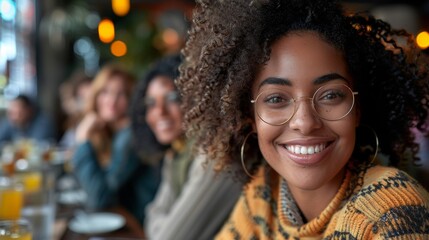 A cheerful young woman with glasses smiles at brunch with friends in a cozy café filled with warm lighting