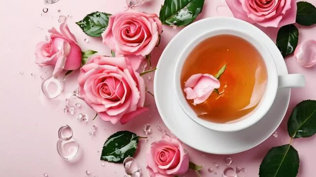 Rose tea in a cup and tea rose on a light pink background. It helps detoxify the body and improve digestion.