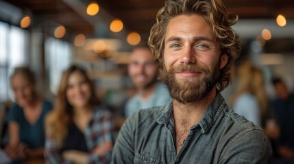 Fototapeta premium Smiling young man with curly hair poses confidently in a casual setting with friends in the background during daytime