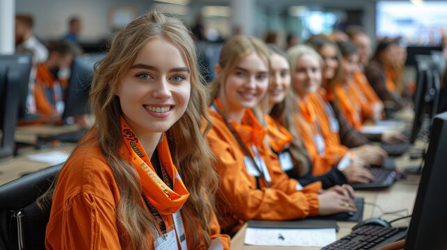 Young volunteers in orange shirts assist with event registration at a conference in a busy hall