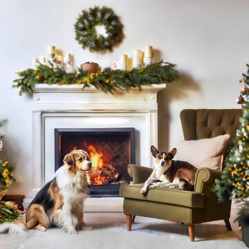 Dos perros descansando en una acogedora sala de estar navide&ntilde;a, junto a una chimenea encendida, rodeados de decoraci&oacute;n festiva, &aacute;rbol de Navidad adornado, guirnaldas, y luces, en un ambiente c&aacute;lido