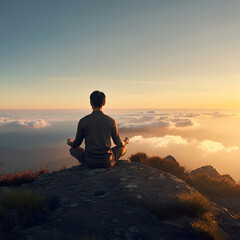 person meditating on the top of the mountain
