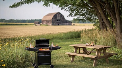 A grill and picnic table are set up in a grassy field with a barn in the background.