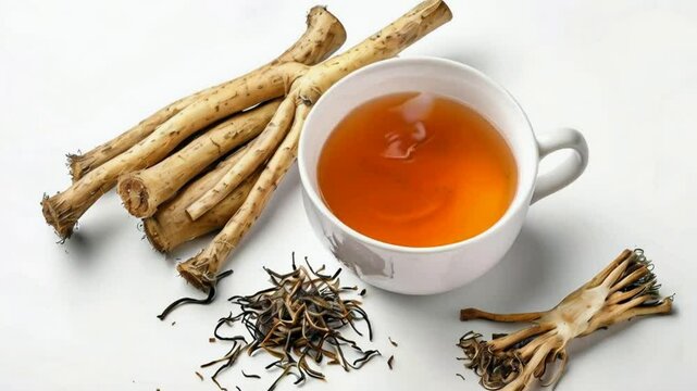 Burdock tea in a white cup and tea burdock root on a white background. its detoxifying properties and slightly sweet flavor.