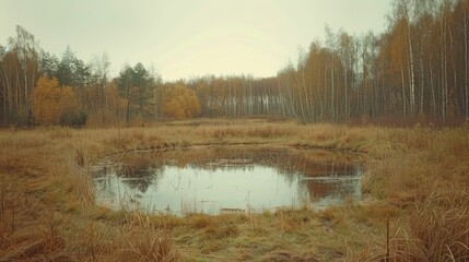 A Small Pond in a Forest Clearing with Autumnal Colors