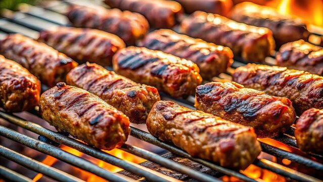 Close-up of Romanian traditional mici on a barbecue grill, Romanian, traditional, mici, mititei, grilled, ground meat, rolls
