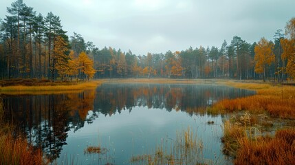 Fototapeta premium Serene Autumnal Lake Surrounded by Trees and Reflections