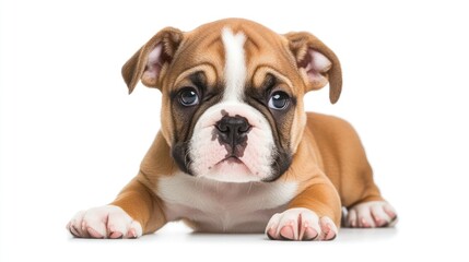 Adorable Bulldog Puppy Lying Down on White Background
