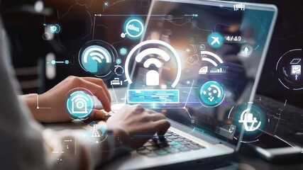 A person interacts with a laptop featuring digital icons, representing cybersecurity, internet connection, and wireless technology.