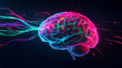 Fototapeta premium A brain with colorful strands coming out of it. The brain is surrounded by a dark background. The colors of the brain are bright and vibrant, giving the impression of a lively and active brain
