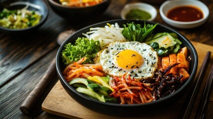 A close-up view of a Bibimbap bowl with a fried egg, cucumber, bean sprouts, kimchi, and other ingredients.
