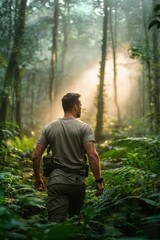 Fototapeta premium Immersed in Nature: Man Exploring the Lush Forest Wilderness with Dappled Sunlight, generative Ai