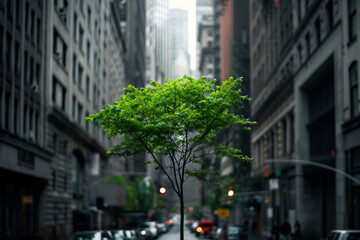 A tree is growing in the middle of a city street. The tree is surrounded by tall buildings and cars. The scene is quiet and peaceful