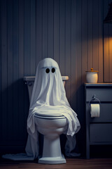 A ghost is sitting on a toilet. The toilet is white and the ghost is wearing a white sheet. The bathroom is dark and the ghost is looking at the camera