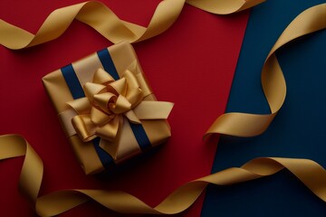 A wrapped gift with gold ribbon and red yellow blue elements