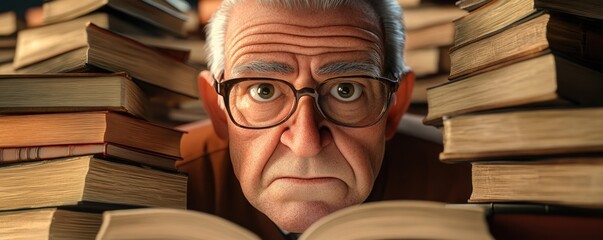Dedicated Scholar Immersed in Books A Portrait of Knowledge and Study, The Pursuit of Education Through Literature