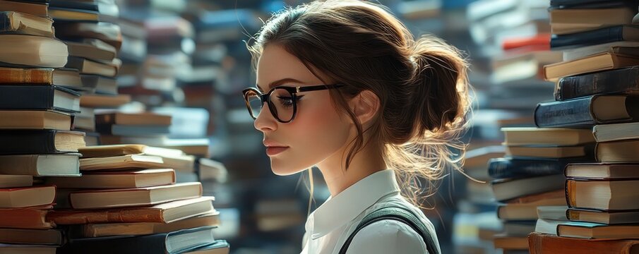 Fashionable Scholar Surrounded by Books Chic Style Meets Academic Knowledge A stylish woman wearing glasses amidst towering stacks of books, showcasing a blend of intellectualism and fashionable flair