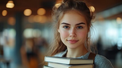 Focused Student Carrying Stack of Books, Thoughtful and Engaged in Learning, A Portrait of Academic Success