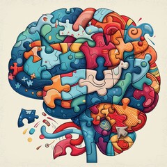 Obraz premium Embracing Neurodiversity: Colorful Illustration of Autism Spectrum Disorder with Interconnected Puzzle Pieces and Vibrant Brain