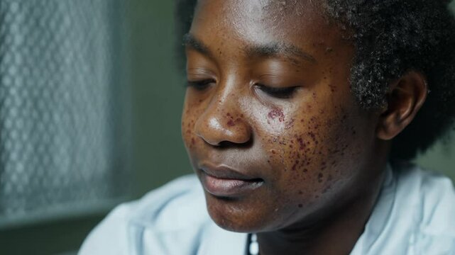 A close-up of a African woman with visible monkeypox lesions on the face, sitting in a quarantine room